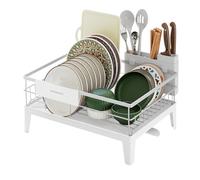 SONGMICS Égouttoir à Vaisselle, Organisateur de Plan de Travail, Bec Rotatif à 360° et Extensible, Bac d’Égouttement, Porte-Couverts, 31 x 42 x 18,5 cm, Blanc Nuage KCS550WG01