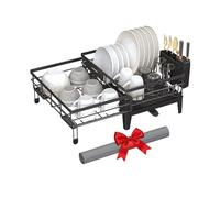 SONGMICS Égouttoir à Vaisselle, Support d’Assiette Extensible, Tapis en Silicone Absorbant, Bec Extensible Rotatif 360°, Acier, Pieds Hauts, 31-56 x 42 x 20 cm, Noir d’Encre KCS552B01