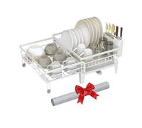 SONGMICS Égouttoir à Vaisselle, Organisateur de Plan de Travail, Bec Rotatif à 360° et Extensible, Bac d’Égouttement, Porte-Couverts, avec Pieds Réglables, 31-56 x 42 x 20 cm, Blanc Mat KCS552W01