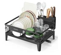 SONGMICS Égouttoir à Vaisselle, Organisateur de Plan de Travail, Bec Rotatif à 360° et Extensible, Bac d’Égouttement, Porte-Couverts, 31 x 42 x 18,5 cm, Noir d'Encre KCS550B01