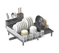 SONGMICS Égouttoir à Vaisselle, Support Extensible pour Sécher la Vaisselle, Support de Vaisselle de Cuisine en INOX avec Bec Tournant, Porte-Ustensiles, Porte-Planche, Argent et Gris KCS037G01