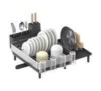 SONGMICS Égouttoir à Vaisselle, Support Extensible pour Sécher la Vaisselle, Support de Vaisselle de Cuisine en INOX avec Bec Tournant, Porte-Ustensiles, Porte-Planche, Argent et Noir KCS037B01