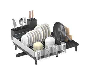 SONGMICS Égouttoir à Vaisselle, Support Extensible pour Sécher la Vaisselle, Support de Vaisselle de Cuisine en INOX avec Bec Tournant, Porte-Ustensiles, Porte-Planche, Argent et Noir KCS037B01