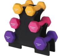 SONGMICS Ensemble d'haltères, hexagonal, avec support pour haltères, 2 x 1 kg, 2 x 1,5 kg, 2 x 2 kg, finition mate, revêtement en néoprène,