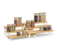 SONGMICS Étagère à Épices, Lot de 2, Étagère de Rangement, Porte-épices Extensible à 3 Niveaux, Bois d’Ingénierie, Empilable, pour Placard, Cabinet, Comptoir, Beige Naturel et Blanc Nuage KCS016N02