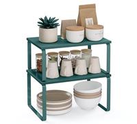 SONGMICS Étagère à Épices, Lot de 2, Organisateur de Placard, Étagère de Rangement de Cuisine Extensible, Porte-épices Empilable, Métal, Bois d’Ingénierie, Vert Lierre KCS002C02