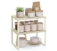 SONGMICS Étagère à Épices, Lot de 2, Organisateur de Placard, Étagère de Rangement de Cuisine Extensible, Porte-épices Empilable, Métal, Bois d’Ingénierie, Blanc Crème KCS002W02