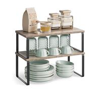 SONGMICS Étagère à Épices, Lot de 2, Organisateur de Placard, Étagère de Rangement de Cuisine Extensible, Porte-épices Empilable, en Métal, Bois d’Ingénierie, Noir d'encre et Grège KCS200X02