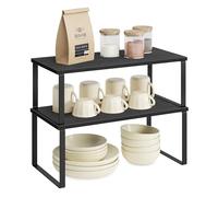 SONGMICS Étagère à Épices, Lot de 2, Organisateur de Placard, Étagère de Rangement de Cuisine Extensible, Porte-épices Empilable, Métal, Bois d’Ingénierie, Noir d'encre et Noir Boisé KCS025B01