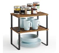 SONGMICS Étagère à Épices, Lot de 2, Organisateur de Placard, Étagère de Rangement de Cuisine Extensible, Porte-épices Empilable, en Métal et Bois d’Ingénierie, Noir et Marron Rustique KCS020X01