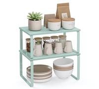 SONGMICS Étagère à Épices, Lot de 2, Organisateur de Placard, Étagère de Rangement de Cuisine Extensible, Porte-épices Empilable, Métal, Bois d’Ingénierie, Vert Clair de Lune KCS002C01