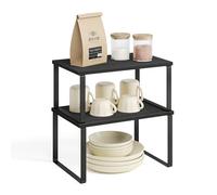 SONGMICS Étagère à Épices, Lot de 2, Organisateur de Placard, Étagère de Rangement de Cuisine Extensible, Porte-épices Empilable, Métal, Bois d’Ingénierie, Noir d'Encre et Noir Boisé KCS02B01