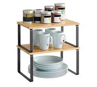 SONGMICS Étagère à Épices, Lot de 2, Organisateur de Placard, Étagère de Rangement de Cuisine Extensible, Porte-épices Empilable, Métal, Bois d’Ingénierie, Noir d'encre et Beige Naturel KCS02NB