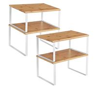 SONGMICS Étagère à Épices, Lot de 4, Organisateur de Placard, Étagère de Rangement de Cuisine Extensible, Porte-épices Empilable, Métal, Bois d’Ingénierie, Blanc Nuage et Beige Naturel KCS010N01