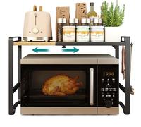 SONGMICS Étagère pour Micro-ondes, Extensible, Support pour Mini Four, Largeur Réglable de 41,5 à 64 cm, Étagère de Cuisine, Acier et Bambou, 4 Crochets, Noir d‘Encre et Bambou Clair KCS060B01