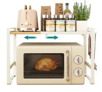 SONGMICS Étagère pour Micro-ondes, Extensible, Support pour Mini Four, Largeur Réglable de 41,5 à 64 cm, Étagère de Cuisine, Acier et Bambou, 4 Crochets, Blanc Crème et Bambou Clair KCS060W01