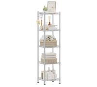 SONGMICS Étagère Salle de Bain, Étagère d’Angle en Métal, Capacité 100 kg, 5 Planches en Plastique, Crochets, 30 x 30 x 123,5 cm, Extensible, Petit Espace, Argent et Semi-Transparent LGR023S01