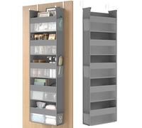 SONGMICS Étagère Suspendue, Organisateur à Accrocher sur la Porte, Penderie, en Tissu, Filet en Nylon Transparent, Pliable, Crochets en métal, Pochettes Latérales, Gris Tourterelle RDH007G01