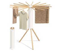 SONGMICS Étendoir à Linge Pliable, Séchoir Parapluie Portable, sur Pied, Gain de Place, Pivotant, Extensible, pour Buanderie, Balcon, 16 Support en Bois, Couleur Naturelle LLR530YW01