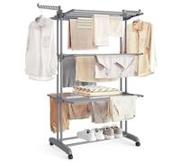 SONGMICS Etendoir Linge Interieur Exterieur, Séchoir Mobile à 4 Niveaux | Grande Capacité, Pliable, avec Roulettes, Montage Facile, 63,5 x 128 x 173 cm, Gris, Collection BUNJI LLR701G01