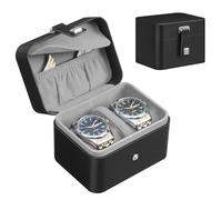 SONGMICS Étui de Voyage pour Montres, 2 Emplacements, avec Compartiment Secret, Poche, Séparateur Ajustable, 10,1 x 12 x 8,5 cm, Idée Cadeau, Surface Noir d’encre, Doublure Gris Tourterelle JWB029GD01