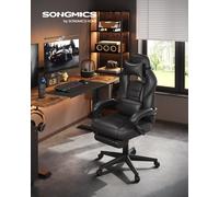 SONGMICS Fauteuil de Bureau, Chaise Gaming, Réglable, Repose-Pieds Télescopique, Mécanisme à Bascule, Appui-tête, Support Lombaire, Charge 150 kg noir