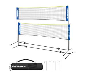 SONGMICS Filet de Badminton SYQ500Q02, 5 m, Filet de Volleyball, bâtons réglables en Hauteur, Ensemble Portable pour Tennis, Plage, Volley-Ball, Jardin, Parc, extérieur, Bleu et Jaune