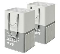 SONGMICS Grand Panier à Linge, 90L, Lot de 2, Corbeille Linge Sale 2 Compartiments, Tient Debout Tout Seul, Pliable, Double Poignée, pour Buanderie, Chambre, Salle de Bain, Gris Clair LCB209G12
