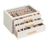 SONGMICS Grande Boîte à Bijoux avec 3 Tiroirs et Couvercle en Verre | Rangement Boucles d'Oreilles en Bois MDF, 24 x 16 x 12,5 cm, Coffret Cadeau, Blanc et Beige, Collection GLORIBEL JBC206WD01