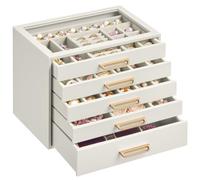 SONGMICS Grande Boîte à Bijoux avec 5 Tiroirs et Couvercle en Verre | Rangement Boucles d'Oreilles en Bois MDF, 24 x 17,2 x 18,4 cm, Coffret Cadeau, Blanc, Collection GLORIBEL JBC205W201