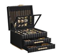SONGMICS HOME ANAH Collection - Boîte à Bijoux à 3 Étages avec Miroir, Organiseur, avec 2 Tiroirs, Surface PU avec Coutures, Effet Suspendu, 21,5 x 24 x 15,8 cm, Idée Cadeau, Noir d'Encre JBC183B01