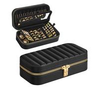 SONGMICS HOME ANAH Collection - Boîte à Bijoux de Voyage, Petit Coffre à Accessoire avec Miroir, 10,5 x 20,5 x 6 cm, Surface PU avec Coutures, Portable, Zip, Idée Cadeau, Noir d'Encre JBC180B01