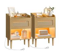SONGMICS HOME BOHOVEN Collection - Table de Chevet avec Multiprise, Lot de 2, avec Lumière à Détecteur de Mouvement, Table d’Appoint Effet Rotin, Pieds en Bois Massif, Style Bohème, Beige Chêne