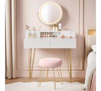 SONGMICS Home Coiffeuse avec Tabouret de Maquillage, Éclairage | Table de Maquillage avec Pouf Rond, Style Bohème, pour Chambre, Beige Chêne et Blanc Crème