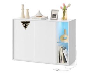 SONGMICS HOME Meuble de Rangement Salon, Assemblage Ultra-Rapide sans Outils Toolless, Buffet avec Éclairage et Étagère en Verre, Placard, Minimaliste, Blanc Neige BBK372W01