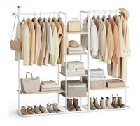 SONGMICS HOME Portant à Vêtement, 6 Étagères de Rangement, 2 Tringles, Crochets en Forme d’Allumette, Armoire Ouverte, Porte-Manteau, pour Chambre, Beige Naturel et Blanc Mat RGR012K01