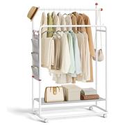 SONGMICS HOME Porte-Manteau, Portant à Vêtement en Métal, avec Roulettes, 2 Barres de Suspension, Étagère de Rangement, Sac Latéral, Crochets en Forme d’Allumette, Blanc Mat HSR171W01