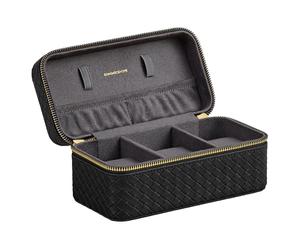 SONGMICS HOME RONNE Collection - Étui de Voyage pour 3 Montres, Boîte à Montres 3 Places, PU Effet Gaufré Tissé, 10 x 20 x 9 cm, Idée Cadeau, Surface Noir d’Encre et Doublure Gris Ardoise JWB017G01