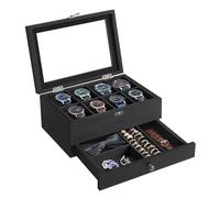 SONGMICS JOW008B02 Boîte à montres avec 8 emplacements, boîtier de montre en bois à 2 niveaux avec grand couvercle en verre, coussins de montre, doublure en velours, boîte à bijoux, noir