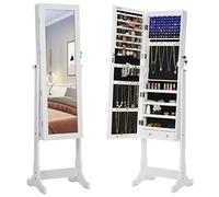 SONGMICS Armoire à bijoux LED avec serrure Miroir Toute-Longueur 5 Étagères 2 Tiroirs Blanc JBC94W