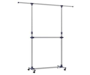 SONGMICS LLR41L Portant à Vêtements Double Barre, Porte-manteau, Porte-vêtements, Barre Centrale Réglable, Argent et Bleu, Hauteur Réglable de 113 à 180 cm