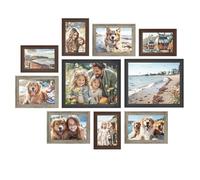 SONGMICS Lot de 10 Cadres à Photos, 16 Passepartouts, deux 20 x 25 cm, quatre 13 x 18 cm, quatre 10 x 15 cm, à suspendre, à poser, en verre, 12 crochets muraux sans trace, brun-rouge, gris mélangé