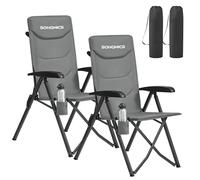 SONGMICS Lot de 2, Chaises Pliantes Camping, Dossier Inclinable 95°-150°, Fauteuils Campings, Dossier Haut Réglable, Porte-Gobelet Pivotant, Sac avec Sangle, pour Jardin, Pêche, Gris GCB015GZ01-2J