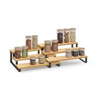 SONGMICS Lot de 2 étagères à épices, extensible, en bambou, à 3 niveaux | Étagère de rangement pour placard, plan de travail, cuisine, salle de bain, Jaune et Noir, Collection BYSTRO KCS016N01