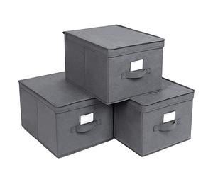 SONGMICS Lot de 3 Boîte Rangement Pliables avec Couvercles, Cube en Tissu Mon-tissé avec Porte-étiquettes, Panier, Organisateur, Caisse, 40 x 30 x 25 cm, Gris RFB03G