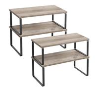 SONGMICS Étagère à Épices, Lot de 2, Organisateur de Placard, Étagère de Rangement de Cuisine Extensible, Porte-épices Empilable, en Métal, Bois d’Ingénierie, Noir d'encre et Grège KCS200X02