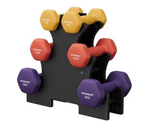 SONGMICS Lot Haltère 3 Paires avec Support, 2 x 1 kg, 2 x 1,5 kg, 2 x 2 kg, Surface en Vinyle Antiglisse, pour Salle de Sport, Fitnesse à la Maison, Jaune, Orange et Violet SYL69BK