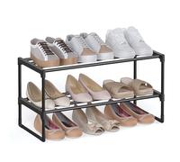 SONGMICS LSA202B01 Étagère à chaussures à 2 niveaux, support métallique, organisateur de chaussures, droit ou inversé, pour 6-9 paires de chaussures, empilable, couloir, 30 x 68 x 33,8 cm, noir