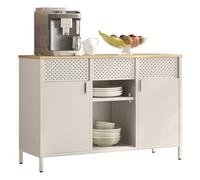 SONGMICS Meuble de Rangement, Buffet, Meuble en Métal, Placard à Double Portes, Fermeture Magnétique, Étagères Réglables, Cadre en Acier, Beige Sable et Couleur Chêne Naturel LSC204LF01