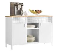 SONGMICS Meuble de Rangement, Buffet, Meuble en Métal, Placard à Double Portes, Fermeture Magnétique, Étagères Réglables, Cadre en Acier, Blanc Mat et Beige Chêne LSC204WC01